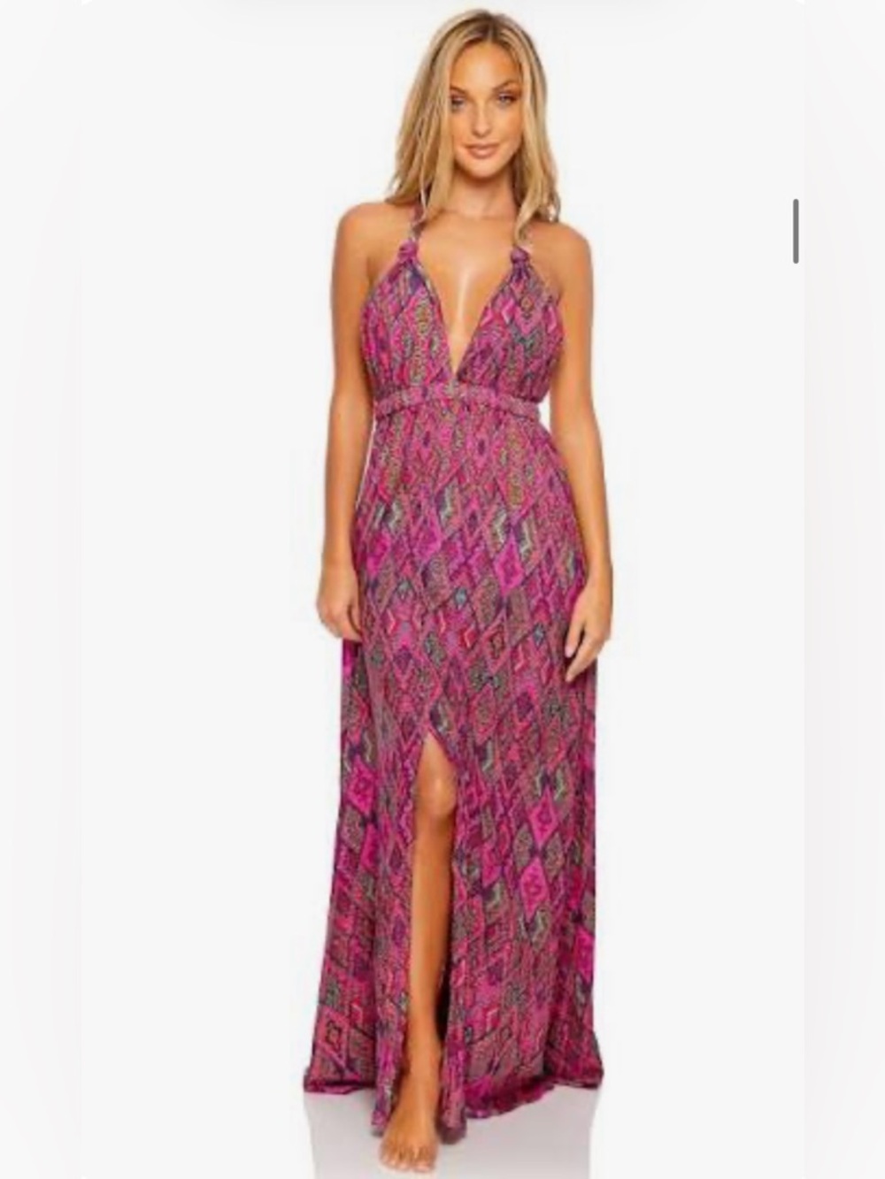NEW Luli Fama Deep Plunge Halter Neck Long Dress - Pink Lagoon - Picture 5 of 5